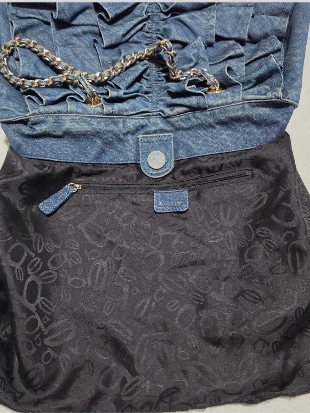 bebe Denim Ruffle Satchel - Blue with Gold Accents